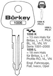 Afbeelding van Borkey 1006L Cilindersleutel voor L+F VV,BR.BL
