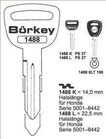 Afbeelding van Borkey 1488L Cilindersleutel voor HONDA