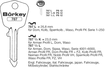 Afbeelding van Borkey 787 Cilindersleutel voor DOM FK, FIAT