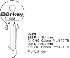 Afbeelding van Borkey 922L Cilindersleutel voor CHG 21 TB