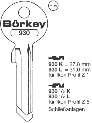 Afbeelding van Borkey 930L Cilindersleutel voor  Z.I. Z1 VSA NS