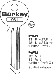 Afbeelding van Borkey 931½L Cilindersleutel voor  Z.I. Z8 VSA NS