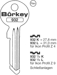 Afbeelding van Borkey 932½L Cilindersleutel voor  Z.I. Z9 VSA NS