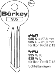 Afbeelding van Borkey 935L Cilindersleutel voor  Z.I.Z13 VSA NS