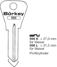 Afbeelding van Borkey 996K Cilindersleutel voor WEISER